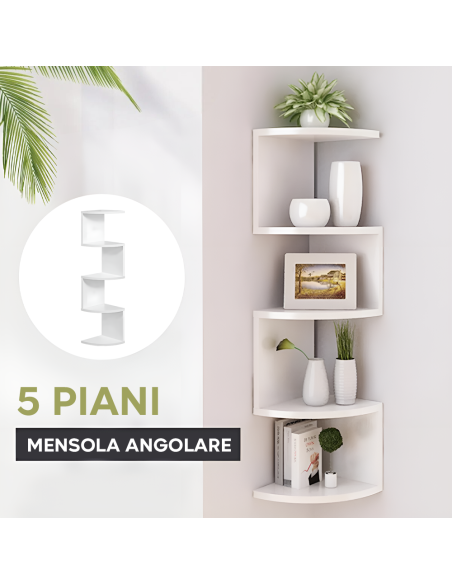 Scaffale Mensola Angolare da Parete Bianco Mobile Libreria 5 Ripiani Salvaspazio