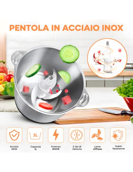 Tritacarne e Verdura Multifunzione 400W Ciotola da 3lt Trita Sminuzza e Mescola