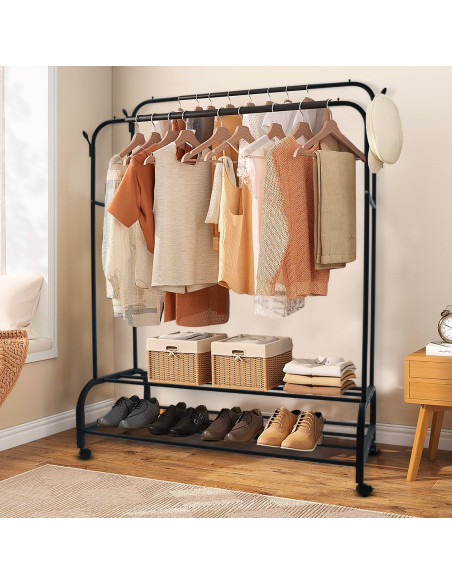 Stand Appendiabiti Doppia Barra Multifunzione 2 Ripiani Porta Scarpe Ganci Borse