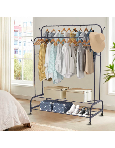 Stand Appendiabiti Doppia Barra Multifunzione 2 Ripiani Porta Scarpe Ganci Borse