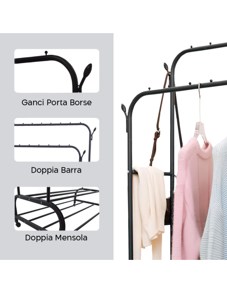 Stand Appendiabiti Doppia Barra Multifunzione 2 Ripiani Porta Scarpe Ganci Borse