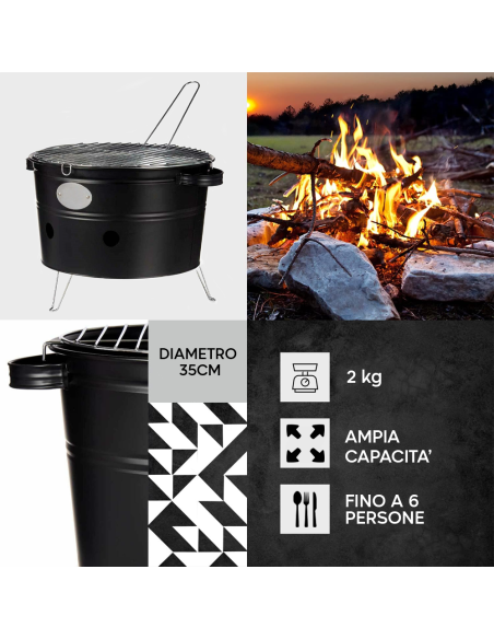 Barbecue a Carbonella da Tavolo Tondo 35cm con Griglia Portatile da Campeggio