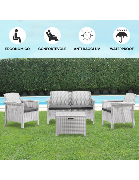 Salottino da Giardino VENEZIA Divano Poltrone e Tavolino Polipropilene in Rattan