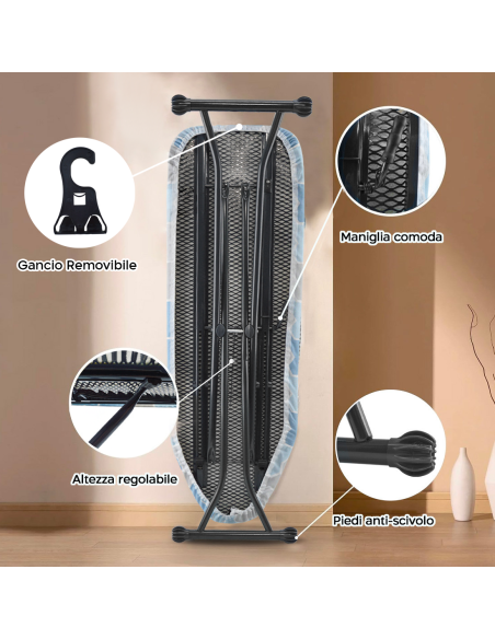 Asse da Stiro Struttura in Acciaio Pieghevole Regolabile in Altezza con Gancio