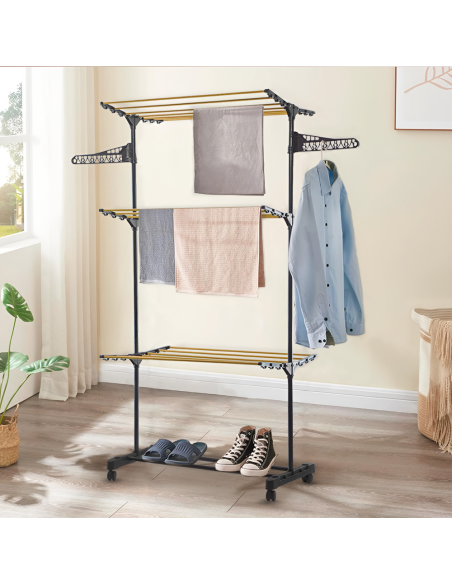 Stendibiancheria Verticale 3 Ripiani Pieghevoli Stendino a Torre con 4 Ruote