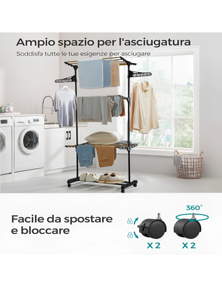 Stendibiancheria Verticale 3 Ripiani Pieghevoli Stendino a Torre con 4 Ruote