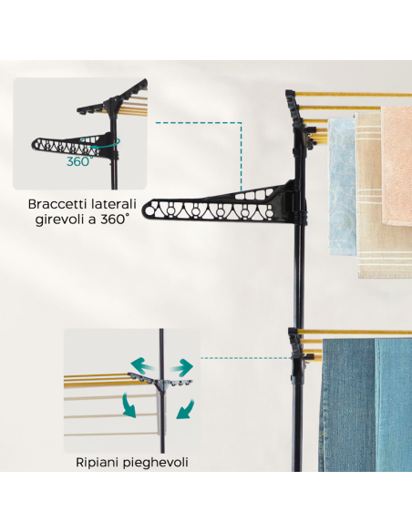 Stendibiancheria Verticale 3 Ripiani Pieghevoli Stendino a Torre con 4 Ruote