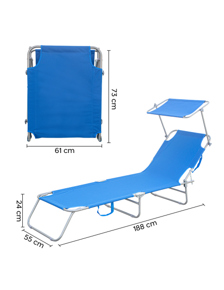 2pz Lettini Prendisole Pieghevole 2309P Acciaio Schienale Reclinabile e Parasole