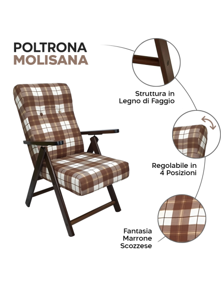Poltrona MOLISANA Reclinabile ArtLegno MAS020 Fantasia Scozzese Struttura Legno
