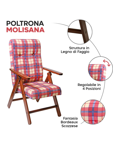 Poltrona MOLISANA Reclinabile ArtLegno MAS020 Fantasia Scozzese Struttura Legno