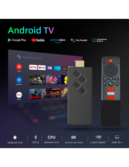 TV Box Stick Streaming 8K HD ANDROID Connessione Wi-Fi con Telecomando Vocale
