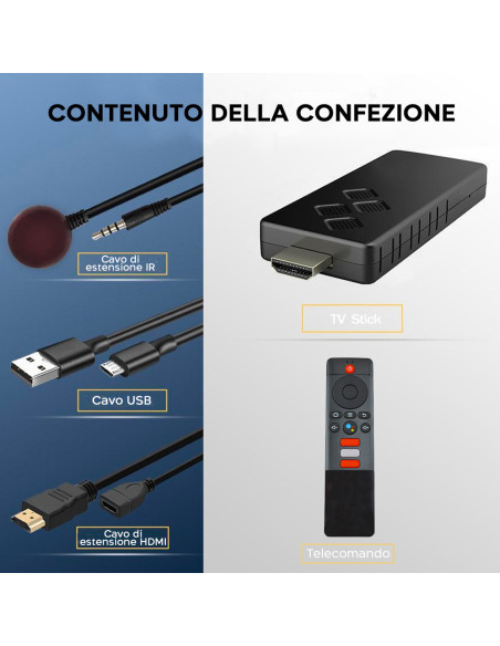 TV Box Stick Streaming 8K HD ANDROID Connessione Wi-Fi con Telecomando Vocale