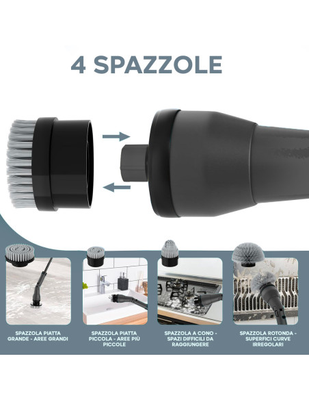 Spazzola Rotante Elettrica Batteria 26V Senza Fili Pulizia Piastrelle 4 Testine