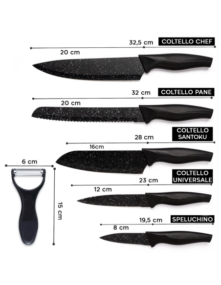 Set 5 Coltelli e Pelapatate da Cucina Professionali in Ceramica Lame in Granito
