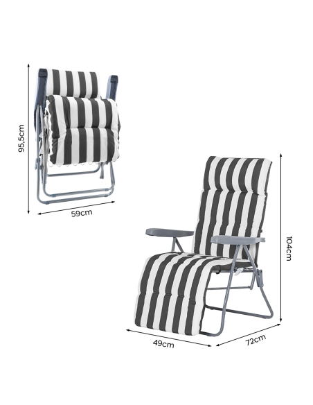 Sedia Sdraio in Acciaio con Cuscino Imbottito a Righe Schienale Reclinabile