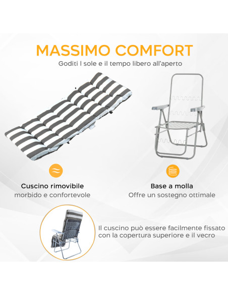 2PZ Sedia Sdraio in Acciaio con Cuscino Imbottito a Righe Schienale Reclinabile
