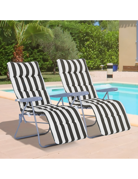 2PZ Sedia Sdraio in Acciaio con Cuscino Imbottito a Righe Schienale Reclinabile