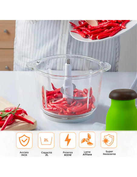 Tritacarne e Verdura Multifunzione 300W Ciotola da 2lt Trita Sminuzza e Mescola