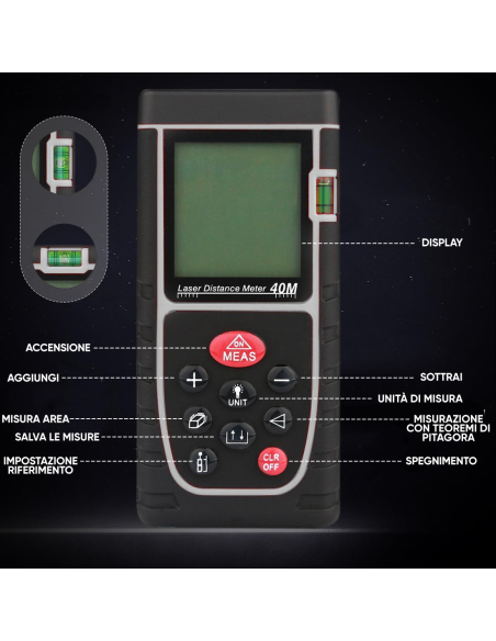 Metro Laser Misuratore di Distanza 40mt con Livella Display LCD a Batteria IP54