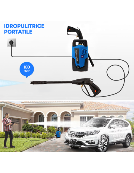 Idropulitrice Elettrica 160 Bar Alta Pressione Motore 1600W da 360lt Portatile