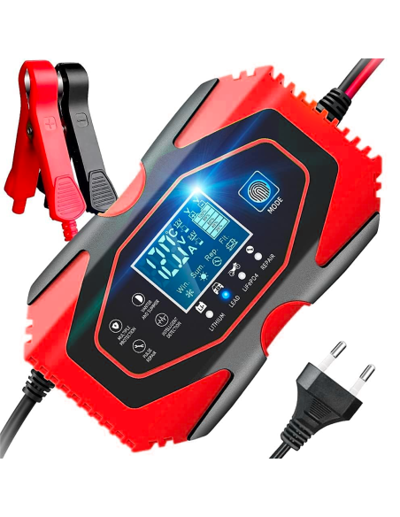 Caricabatteria Auto e Moto per Batteria Litio e Piombo 12-24V con Cavi e Display