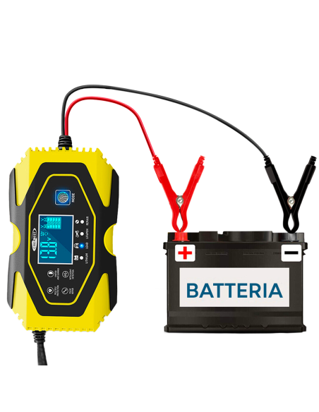 Caricabatteria Auto e Moto per Batteria Litio e Piombo 12-24V con Cavi e Display