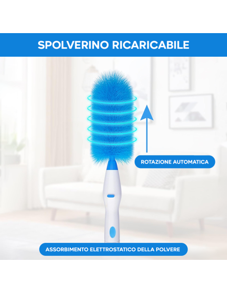 Spolverino Elettrico Ricaricabile Spazzola Pulizia Girevole 2 Testine Senza Fili
