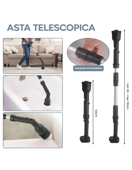 Spazzola Rotante Elettrica Batteria 26V Senza Fili Pulizia Piastrelle 4 Testine