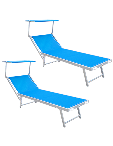 2pz Lettino Prendisole Mare LUXURIOUS Parasole Alluminio Reclinabile 180X60X40 Blu
