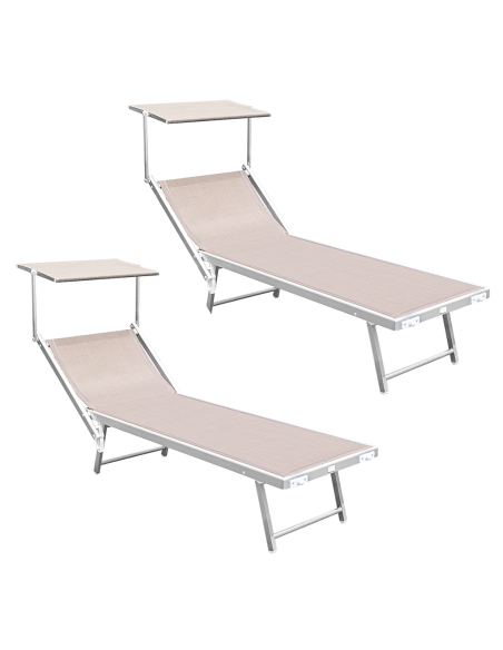 2pz Lettino Prendisole Mare LUXURIOUS Parasole Alluminio Reclinabile 180X60X40