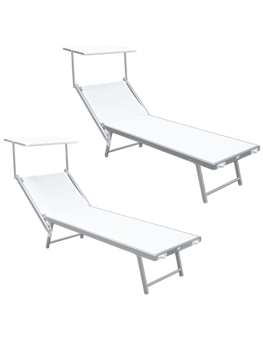 2pz Lettino Prendisole Mare LUXURIOUS Parasole Alluminio Reclinabile 180X60X40 Bianco