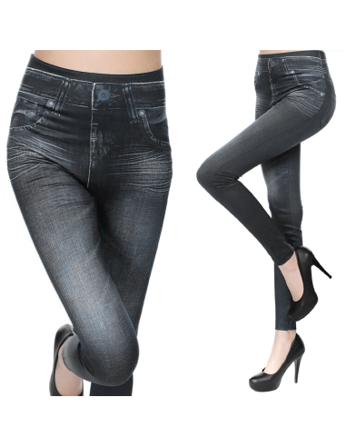 Image of Leggings Donna Effetto Jeans Elasticizzato GIADA Modellante Jeggings Slim Fit Nero