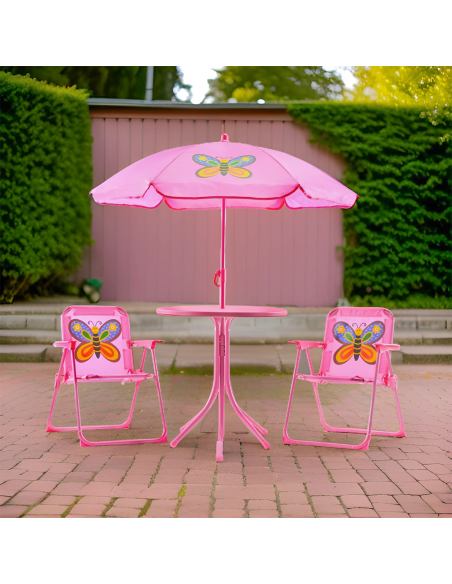 Set Giardino Bambina 4pz Tavolo e Sedie con Ombrellone Rosa Regolabile 3-6 Anni