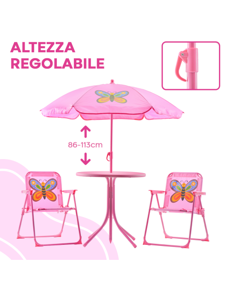 Set Giardino Bambina 4pz Tavolo e Sedie con Ombrellone Rosa Regolabile 3-6 Anni