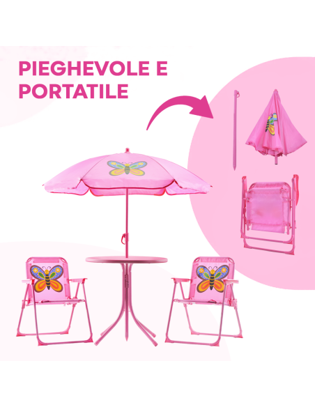 Set Giardino Bambina 4pz Tavolo e Sedie con Ombrellone Rosa Regolabile 3-6 Anni