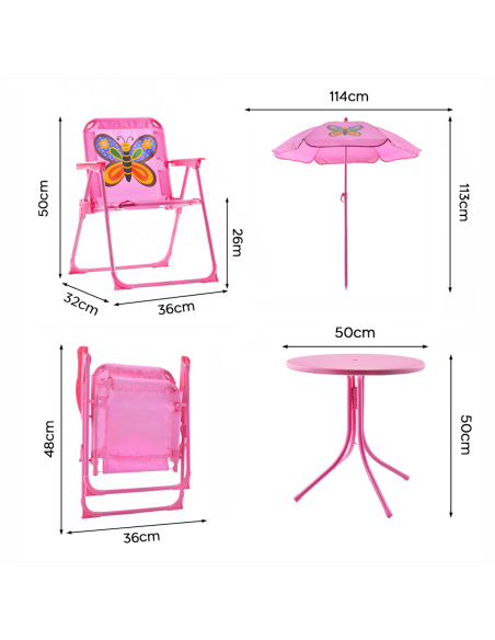Set Giardino Bambina 4pz Tavolo e Sedie con Ombrellone Rosa Regolabile 3-6 Anni
