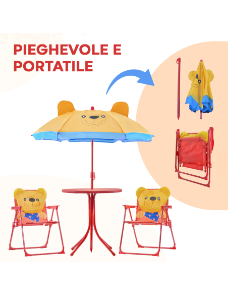 Set Giardino Bambini 4pz Tavolo Sedie e Ombrellone Regolabile Rosso 3-6 Anni