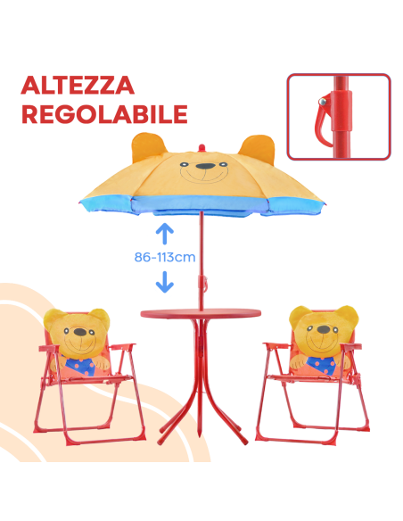 Set Giardino Bambini 4pz Tavolo Sedie e Ombrellone Regolabile Rosso 3-6 Anni