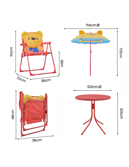 Set Giardino Bambini 4pz Tavolo Sedie e Ombrellone Regolabile Rosso 3-6 Anni