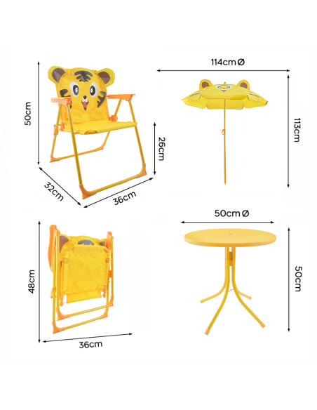 Set Giardino Bambini 4pz Tavolo Sedie e Ombrellone Giallo Regolabile 3-6 Anni