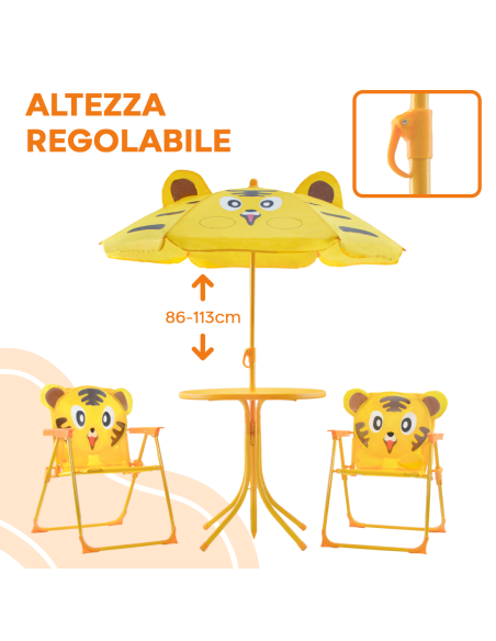Set Giardino Bambini 4pz Tavolo Sedie e Ombrellone Giallo Regolabile 3-6 Anni