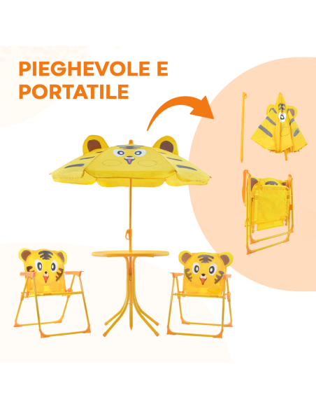 Set Giardino Bambini 4pz Tavolo Sedie e Ombrellone Giallo Regolabile 3-6 Anni