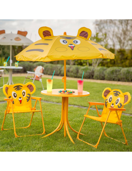 Set Giardino Bambini 4pz Tavolo Sedie e Ombrellone Giallo Regolabile 3-6 Anni
