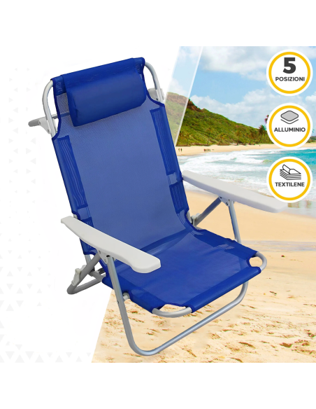 Sedia Sdraio Spiaggina da Mare in Textilene con Cuscino Reclinabile in Alluminio