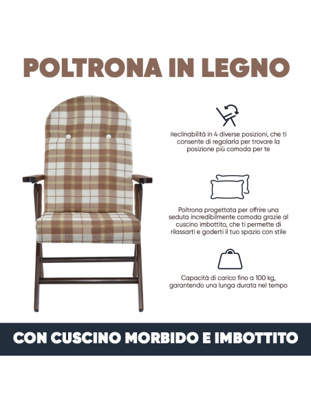 Poltrona in Legno AMALFI Sedia Reclinabile MASLEGNO Cuscino Imbottito 108x65x60