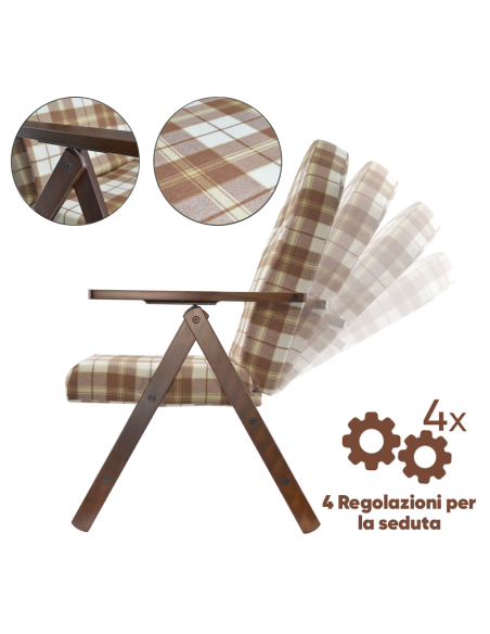 Poltrona in Legno AMALFI Sedia Reclinabile MASLEGNO Cuscino Imbottito 108x65x60