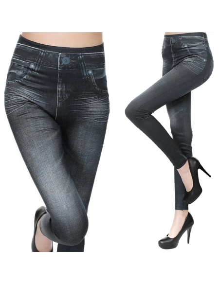 3pz Leggings Donna Effetto Jeans GIADA 2 Neri 1 Blu Jeggings Modellante Slim Fit