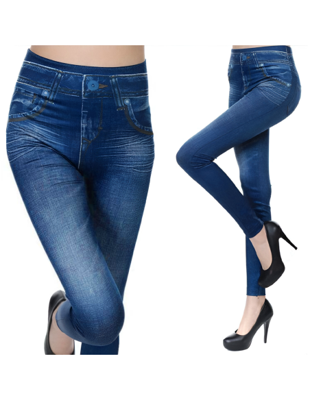 3pz Leggings Donna Effetto Jeans GIADA 2 Neri 1 Blu Jeggings Modellante Slim Fit