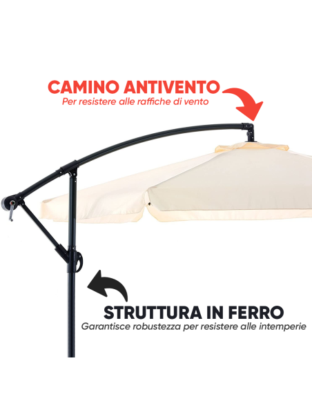 Ombrellone da Giardino Braccio Decentrato con Manovella Telo Ecrù Tondo 3x2mt
