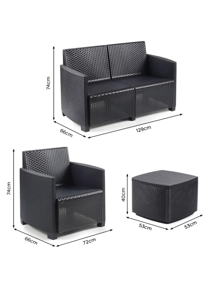 Set Giardino Salotto COMO Divano Poltrone Tavolino Polipropilene Rattan 4 Posti